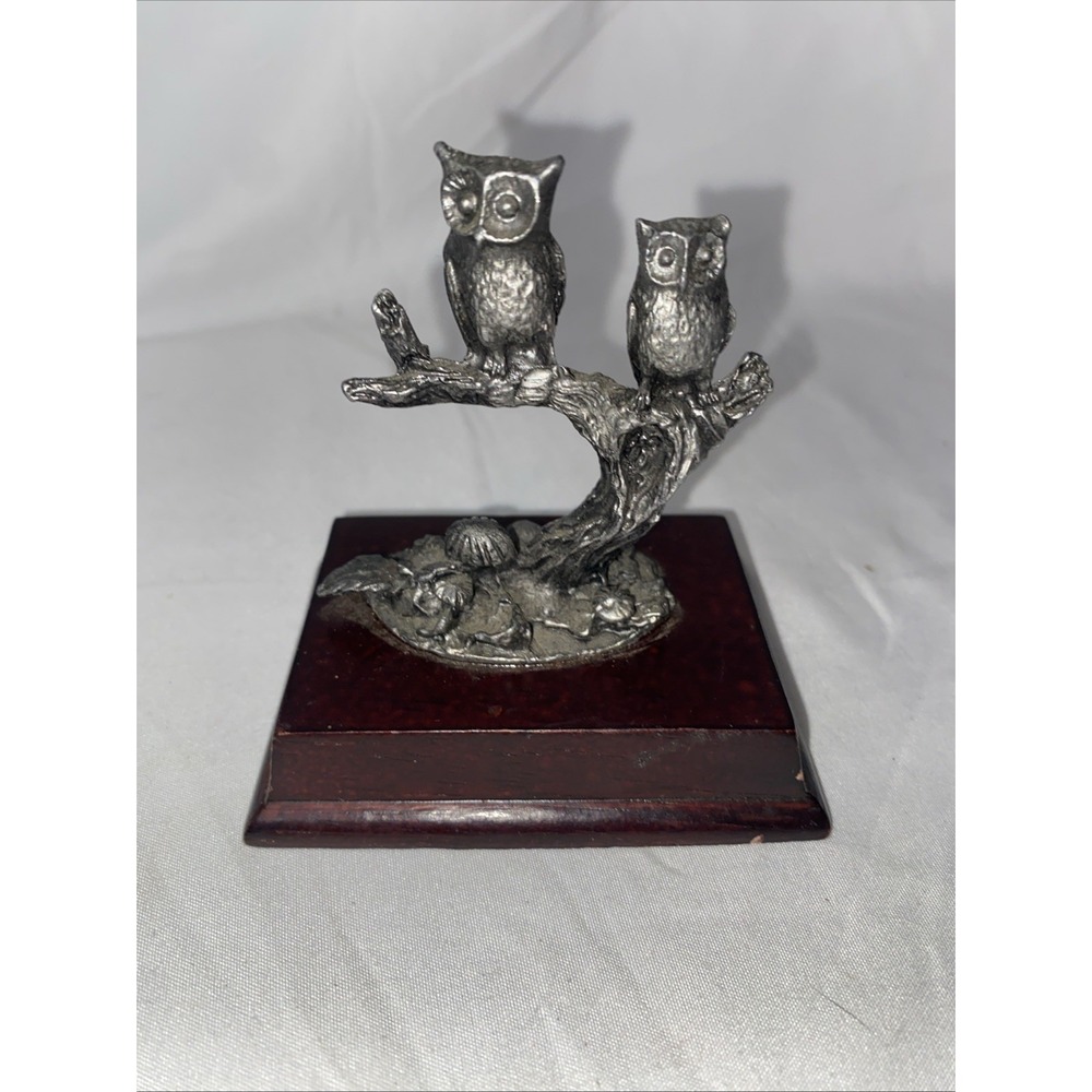 Pewter Owls On Branch with Mushrooms Figurine Wood Base Vintage